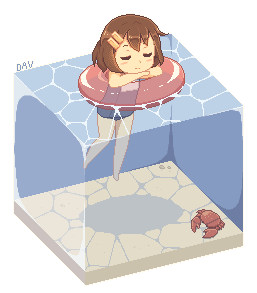 1girl, afloat, animated, animated_gif, brown_hair, chibi, closed_eyes, crab