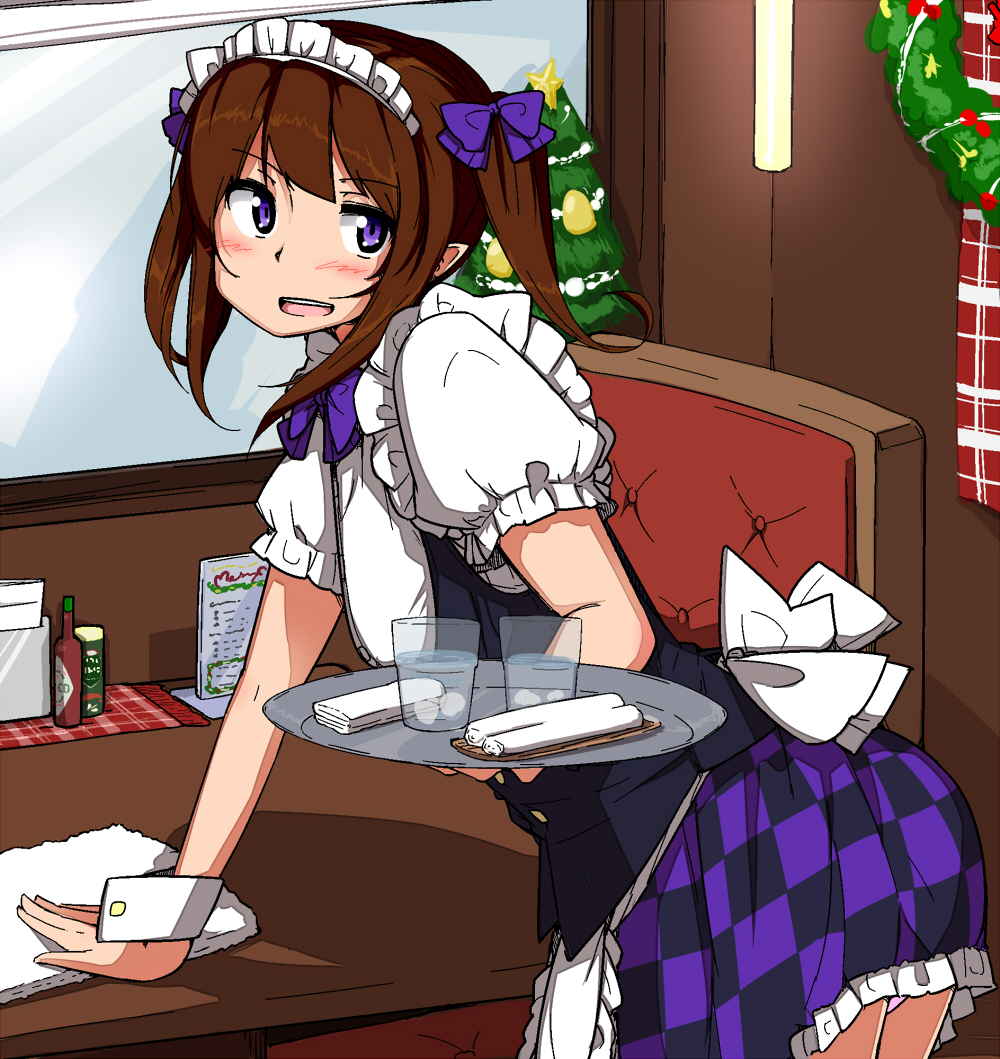 1girl, alternate_costume, apron, blush, bow, brown_hair, checkered, checkered_skirt