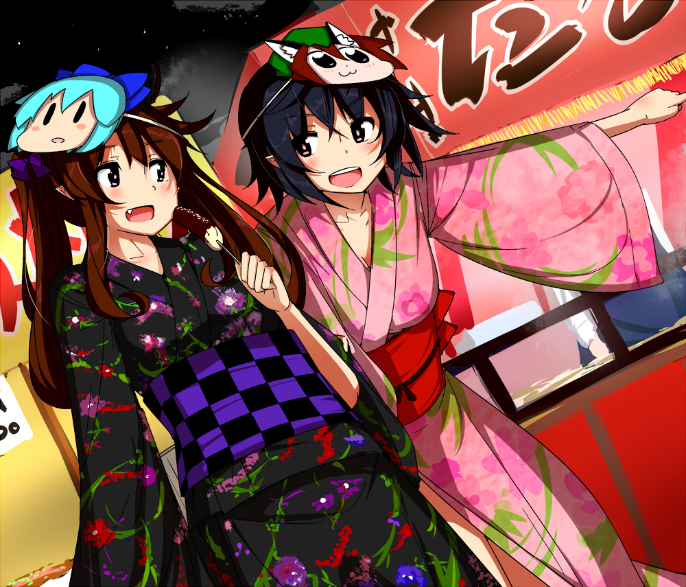 2girls, black_hair, bow, brown_hair, character_mask, checkered, chen, chocolate_banana