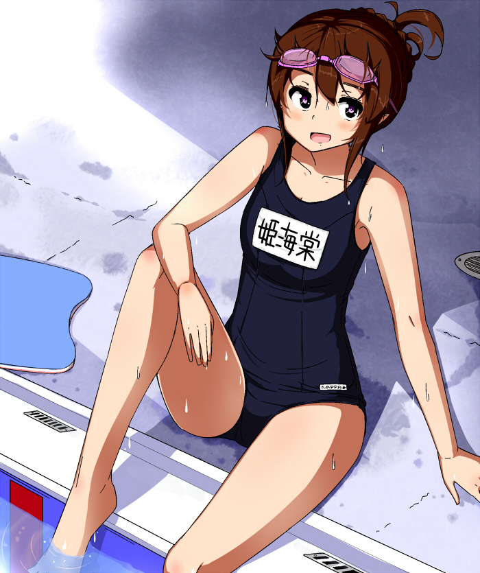 1girl, arm_rest, arm_support, brown_hair, goggles, goggles_on_head, himekaidou_hatate, kickboard