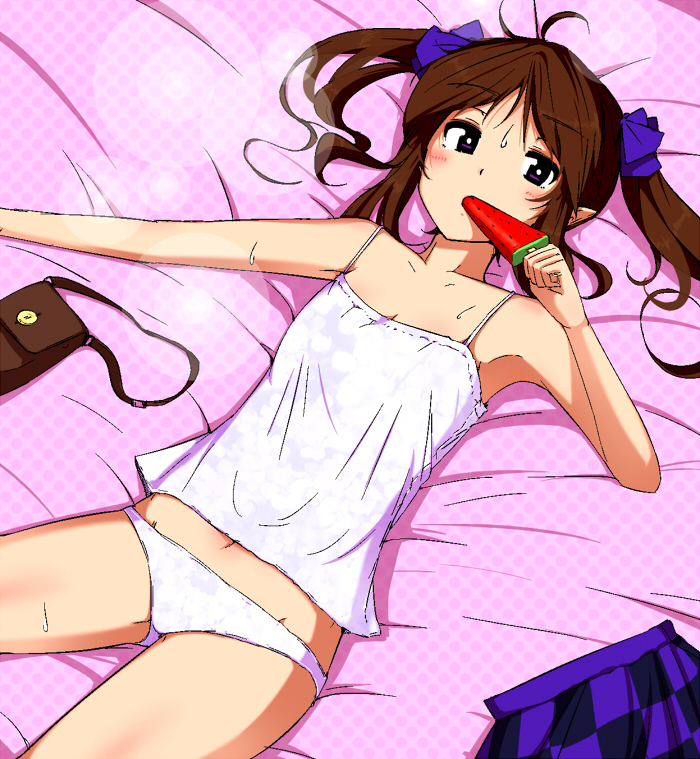 1girl, bag, bed, blush, bow, brown_hair, camisole, checkered