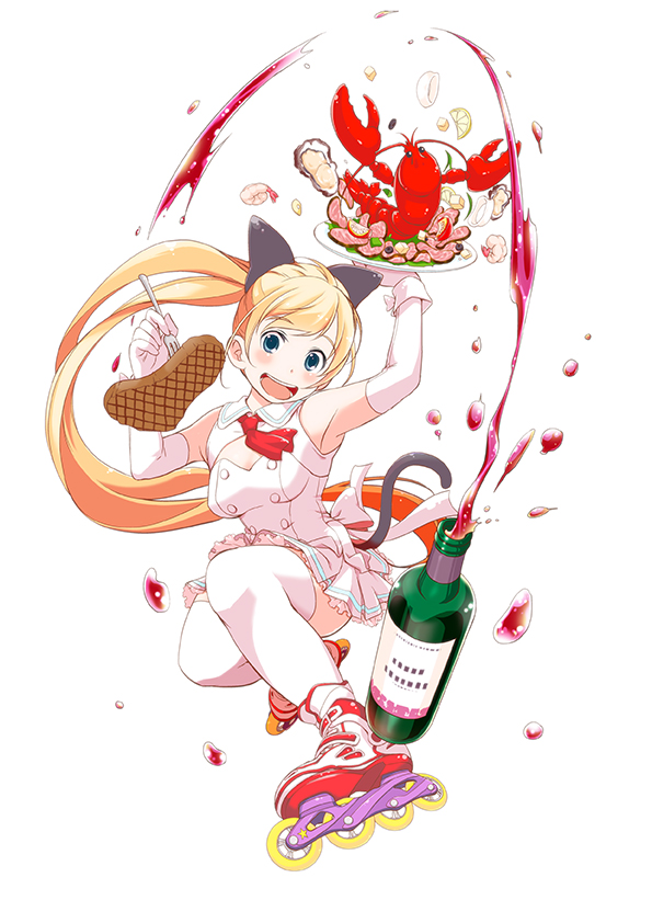 alcohol, blonde_hair, blue_eyes, blush, bow, dress, elbow_gloves, food