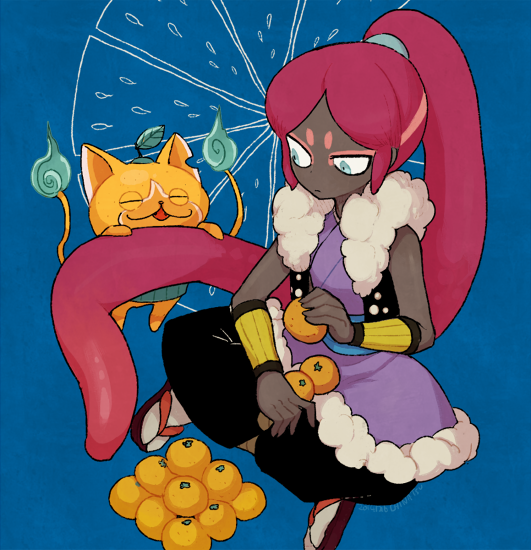 blue_background, blue_eyes, cat, dark_skin, food, fruit, indian_style, l_hakase, long_hair, mandarin_orange, maroon_hair, mikannyan, ooyamori, ponytail, sandals, sitting, tabi, very_long_hair, youkai_watch