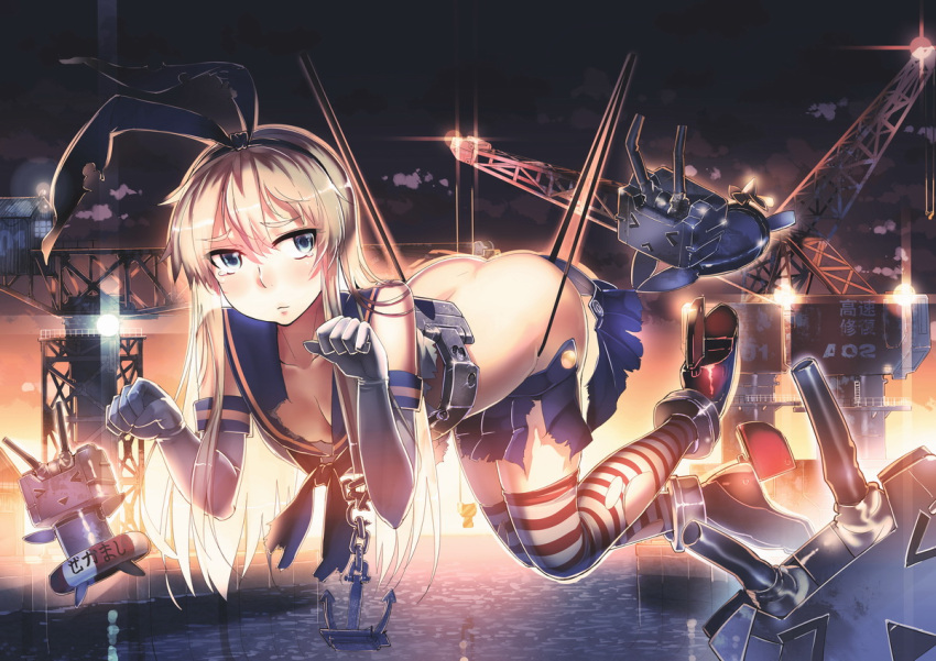 1girl, anchor, ass, blonde_hair, blue_eyes, breasts, cleavage, elbow_gloves, gloves, hair_ribbon, hairband, kantai_collection, long_hair, looking_at_viewer, personification, rensouhou-chan, repairing, ribbon, shimakaze_(kantai_collection), siqi_(miharuu), skirt, solo, striped, striped_legwear, sunset, suspended, thigh-highs, torn_clothes, torn_skirt, water, white_gloves