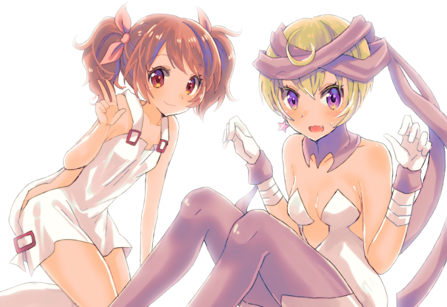 2girls, aikatsu!, amarabi_(tobira), bare_shoulders, blonde_hair, blush, brown_eyes, brown_hair