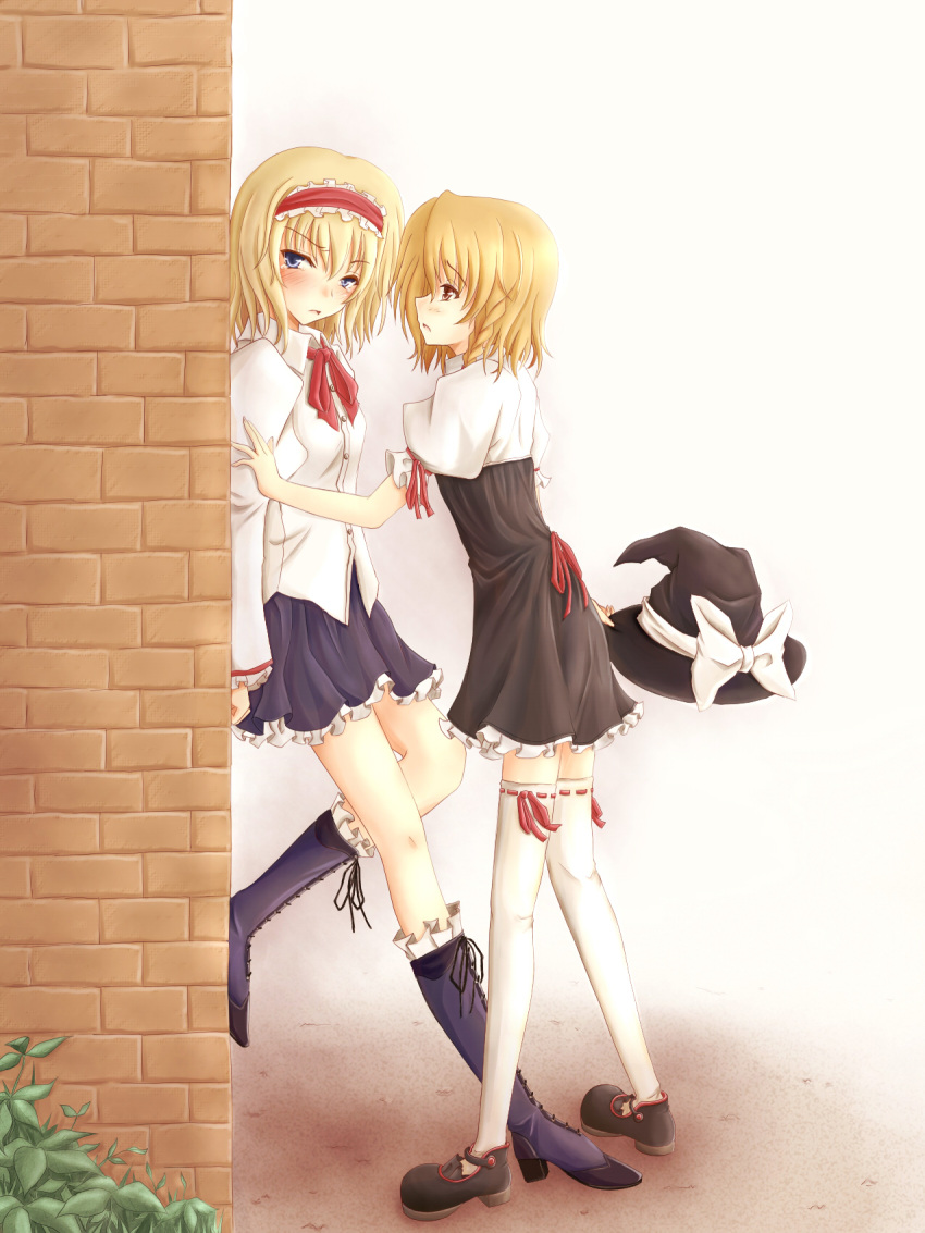 alice_margatroid, blonde_hair, blue_eyes, blush, braid, hat, highres, kirisame_marisa, momokumo, multiple_girls, tears, thigh-highs, thighhighs, touhou, witch_hat, yellow_eyes