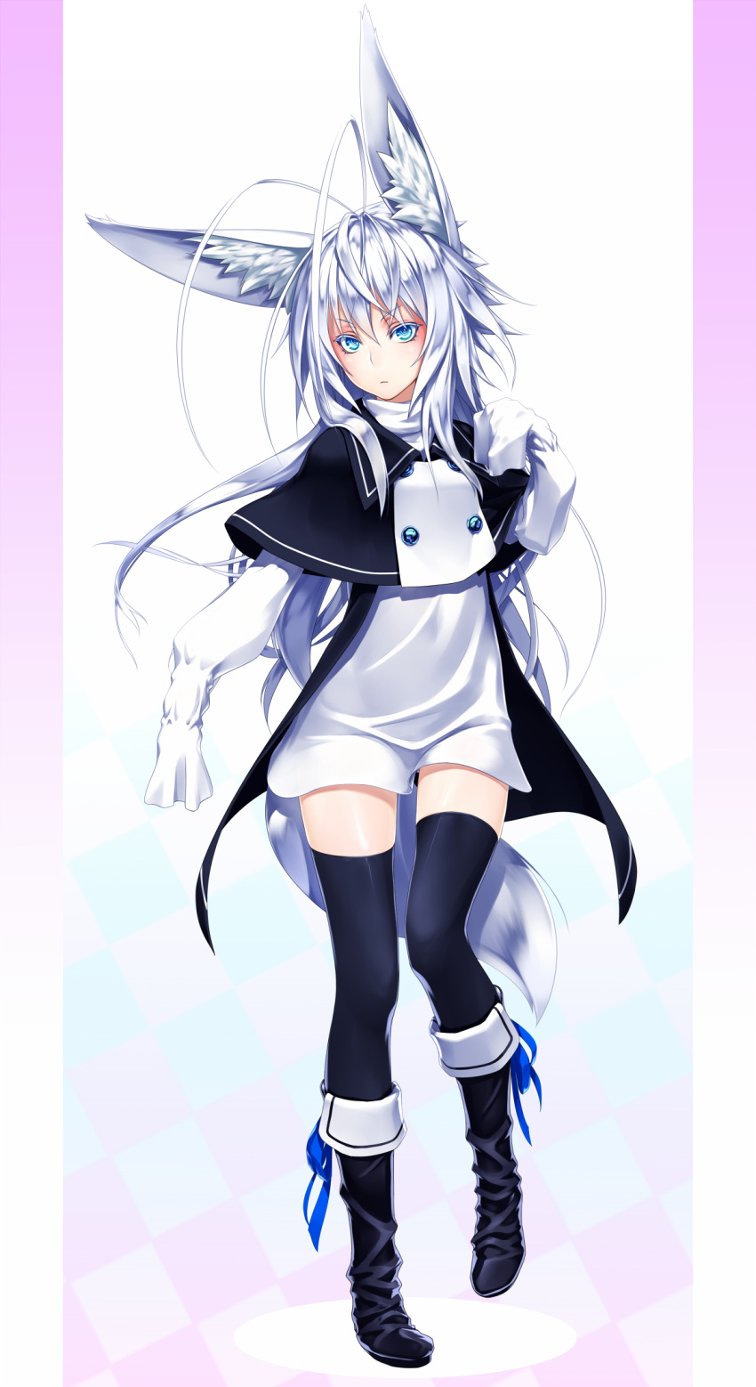 1girl, animal_ears, antenna_hair, blue_eyes, boots, capelet, highres, kentairui