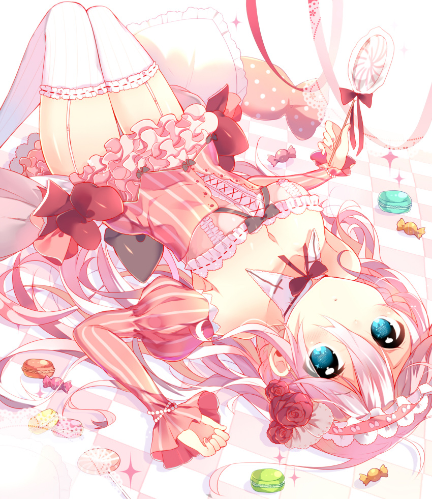 1girl, blue_eyes, breasts, candy, cleavage, dress, garter_straps, highres