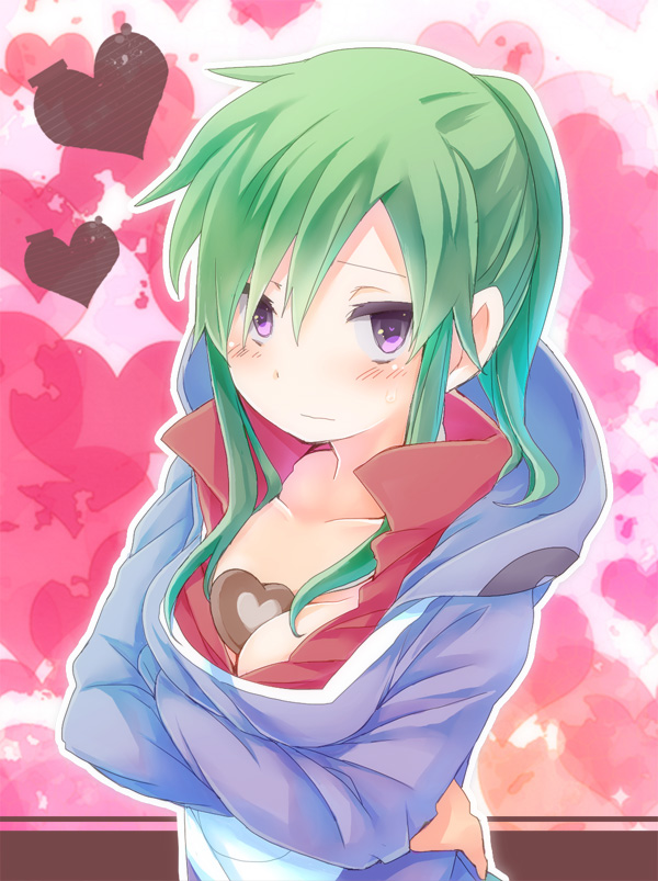 1girl, blush, chocolate, chocolate_on_breasts, enari, green_hair, heart, kagerou_project
