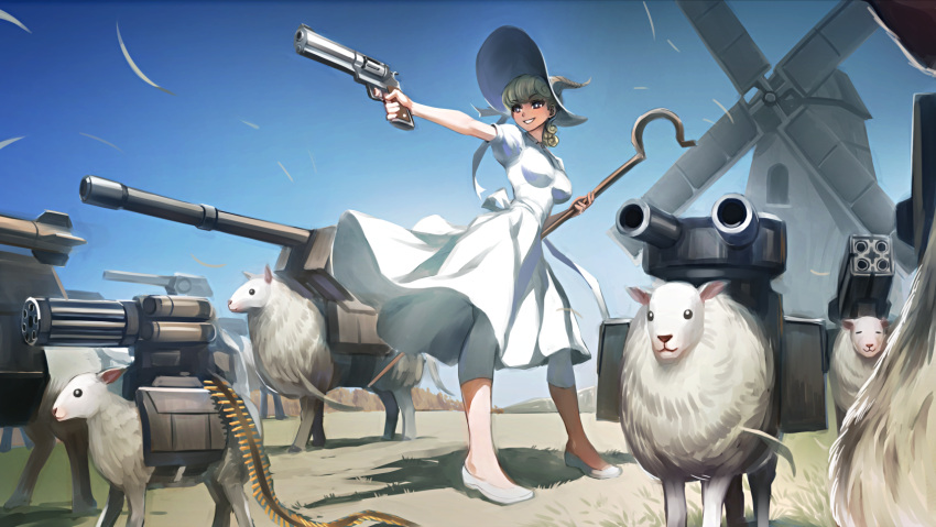 blonde_hair, capri_pants, chinese_new_year, dress, grin, gun, highres, kriss_sison