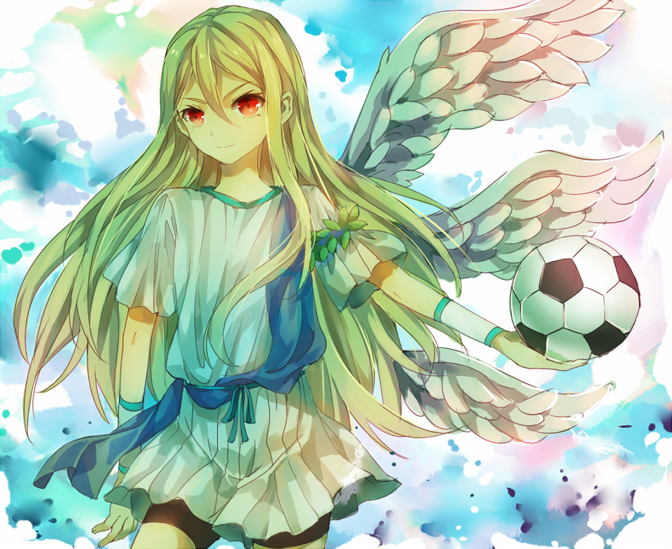 1boy, afuro_terumi, angel_wings, ball, bike_shorts, blonde_hair, cowboy_shot, inazuma_eleven