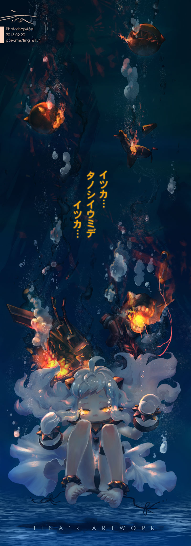 1girl, ahoge, broken, comic, dress, half-closed_eyes, highres, horns
