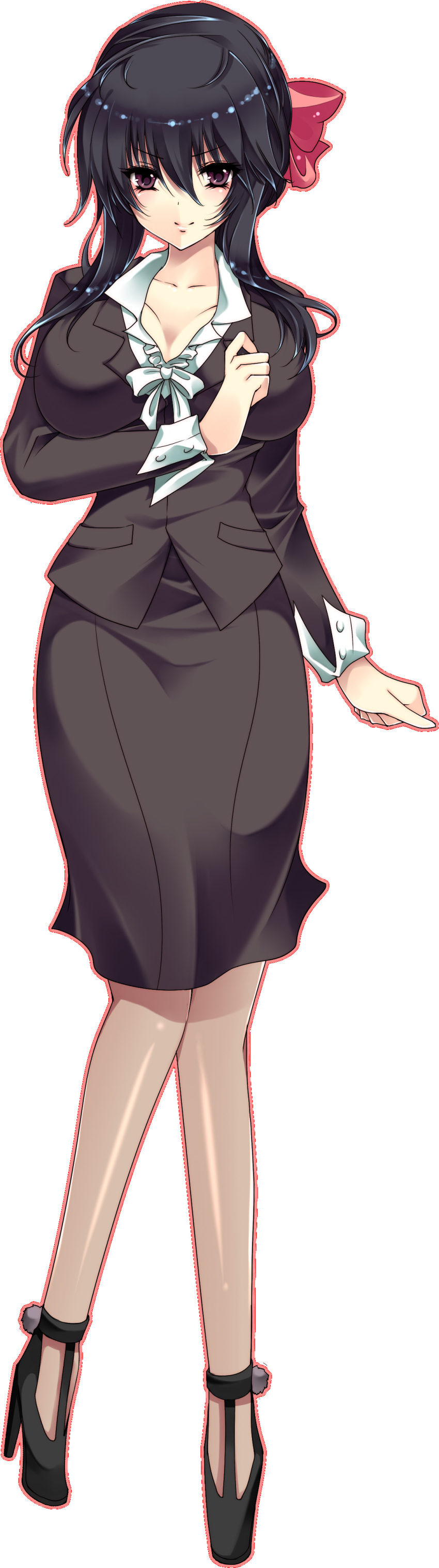 1girl, absurdres, black_eyes, black_hair, breasts, cleavage, hairband, high_heels, highres, kyan_(glira), large_breasts, looking_at_viewer, office_lady, pantyhose, payot, scan, scan_artifacts, simple_background, smile, solo