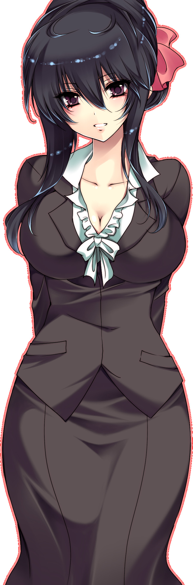 1girl, arms_behind_back, black_eyes, black_hair, breasts, cleavage, hairband, highres, kyan_(glira), large_breasts, looking_at_viewer, office_lady, payot, scan, scan_artifacts, simple_background, smile, solo