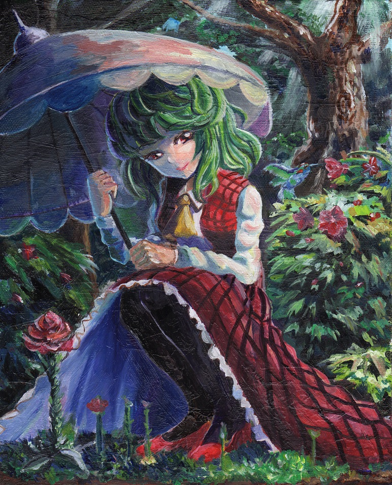 1girl, ascot, backlighting, bird, black_legwear, blue_sky, bush, collared_shirt