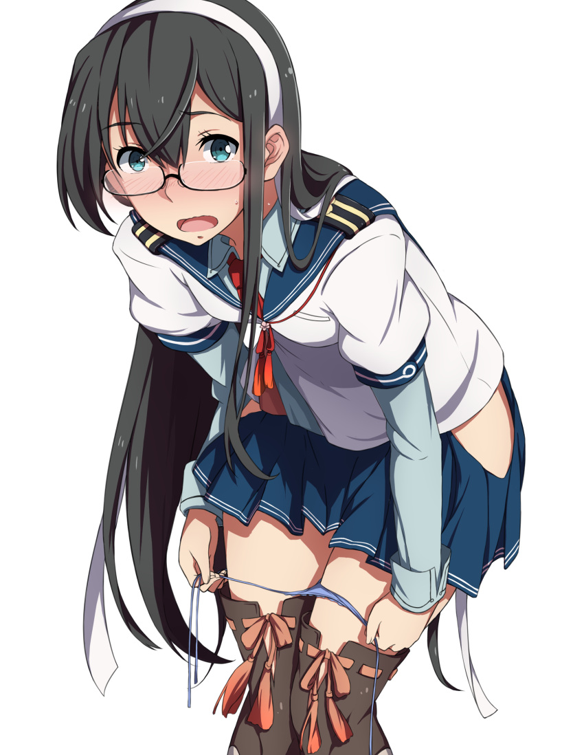 1girl, black-framed_glasses, black_hair, blue_eyes, blue_panties, blush, glasses, hairband