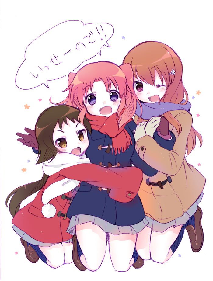 3girls, :d, ;d, blush, brown_eyes, brown_hair, fang, girl_sandwich