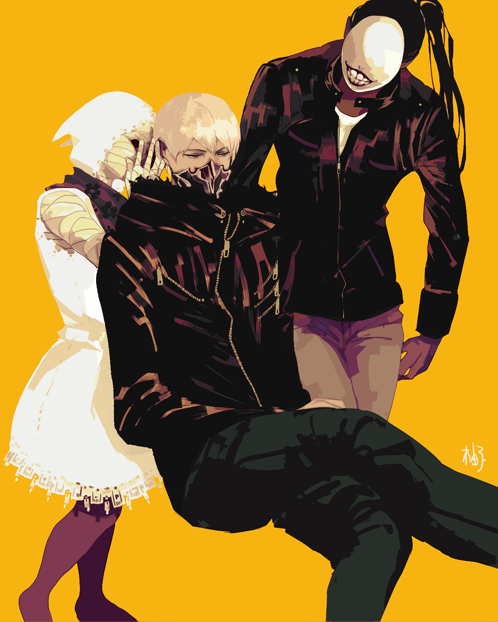 1girl, 2boys, bandages, eto_(tokyo_ghoul), highres, multiple_boys, noro_(tokyo_ghoul), pantyhose