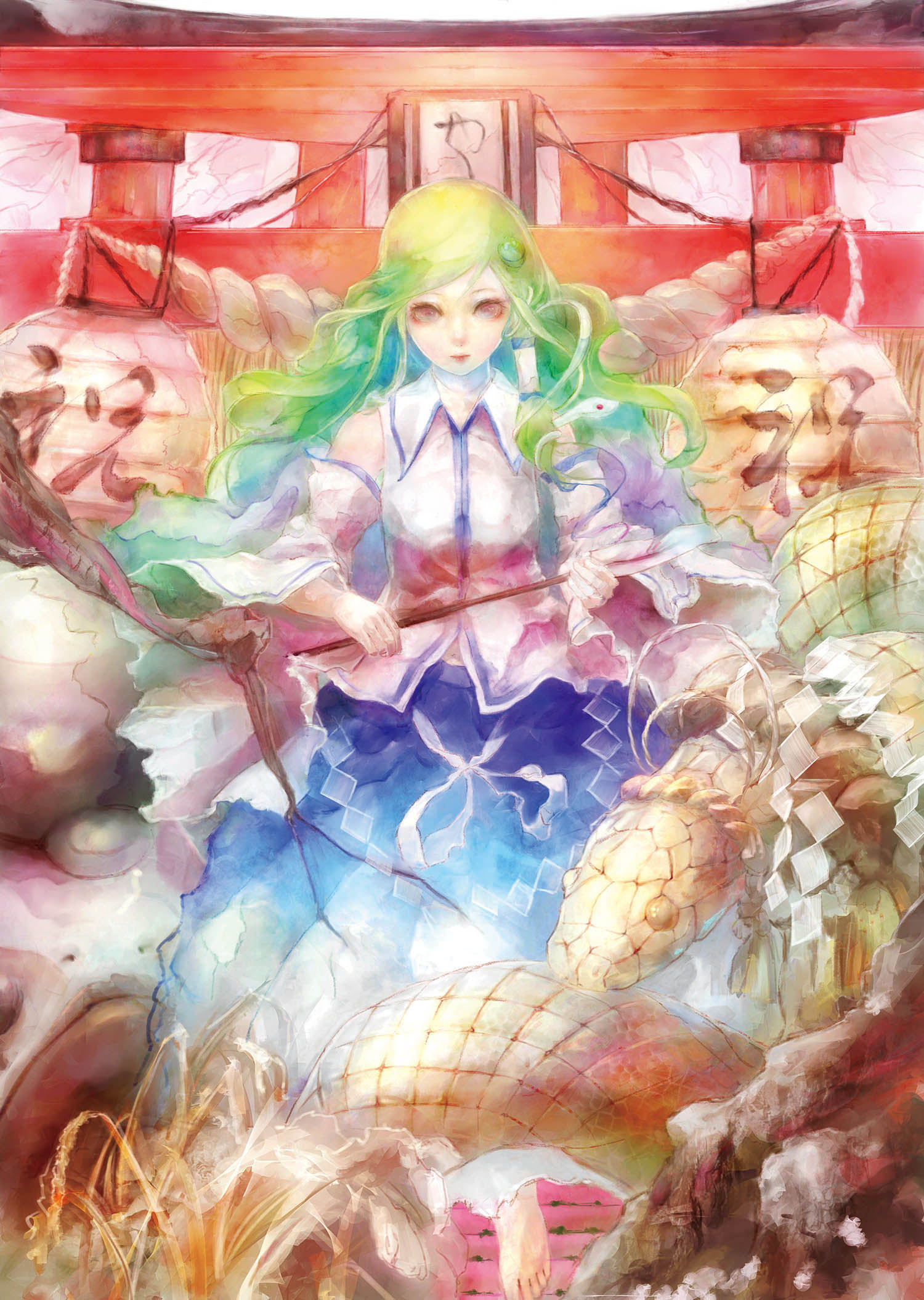 1girl, animal, barefoot, detached_sleeves, frog_hair_ornament, gohei, green_hair, hair_ornament