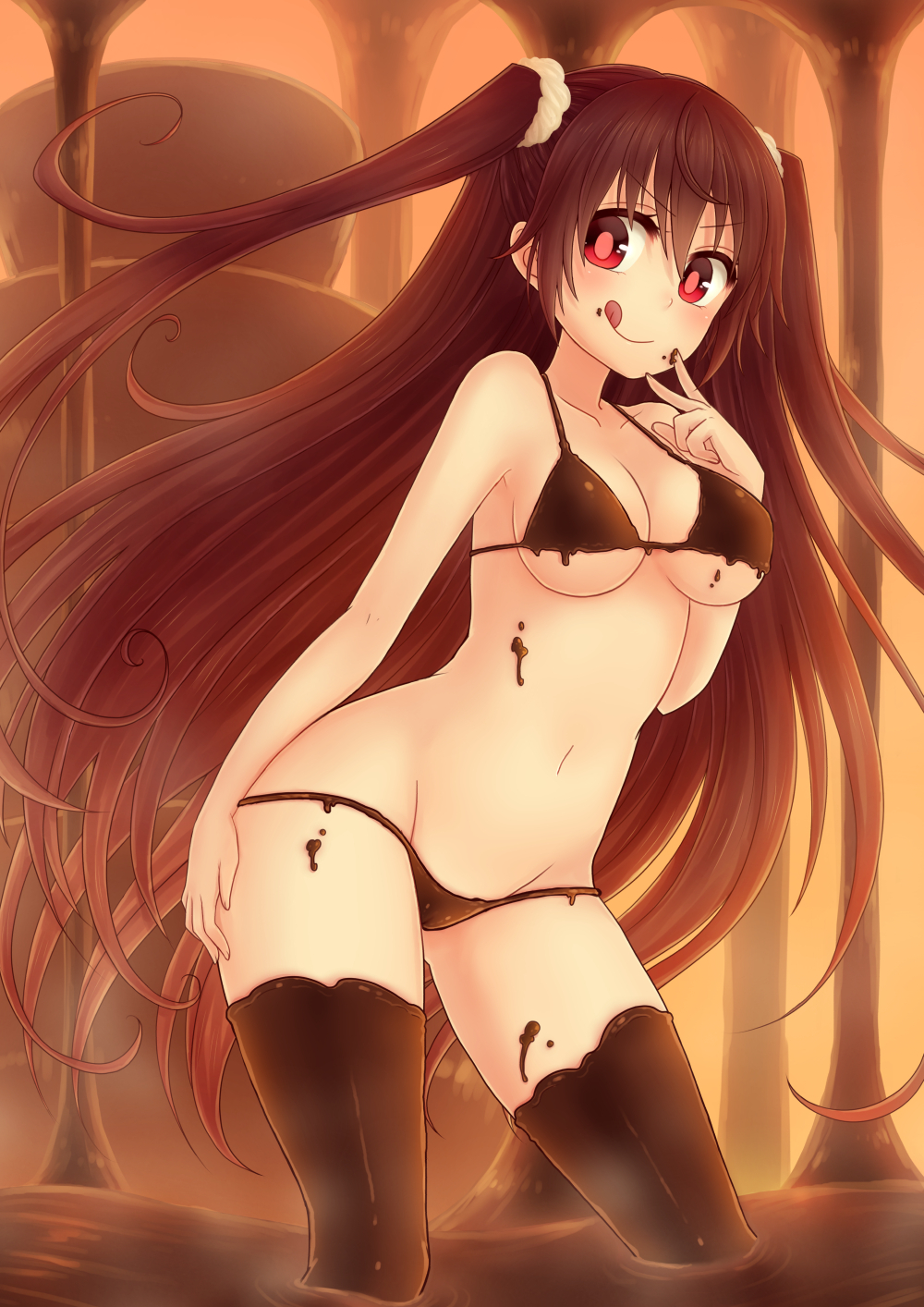 1girl, :q, bikini, blush, breasts, brown_hair, chocolate, chocolate_clothes, cleavage, food_as_clothes, highres, large_breasts, long_hair, miruki, mound_of_venus, naked_chocolate, navel, nude, original, red_eyes, smile, solo, swimsuit, thigh-highs, tongue, tongue_out, twintails, valentine, very_long_hair