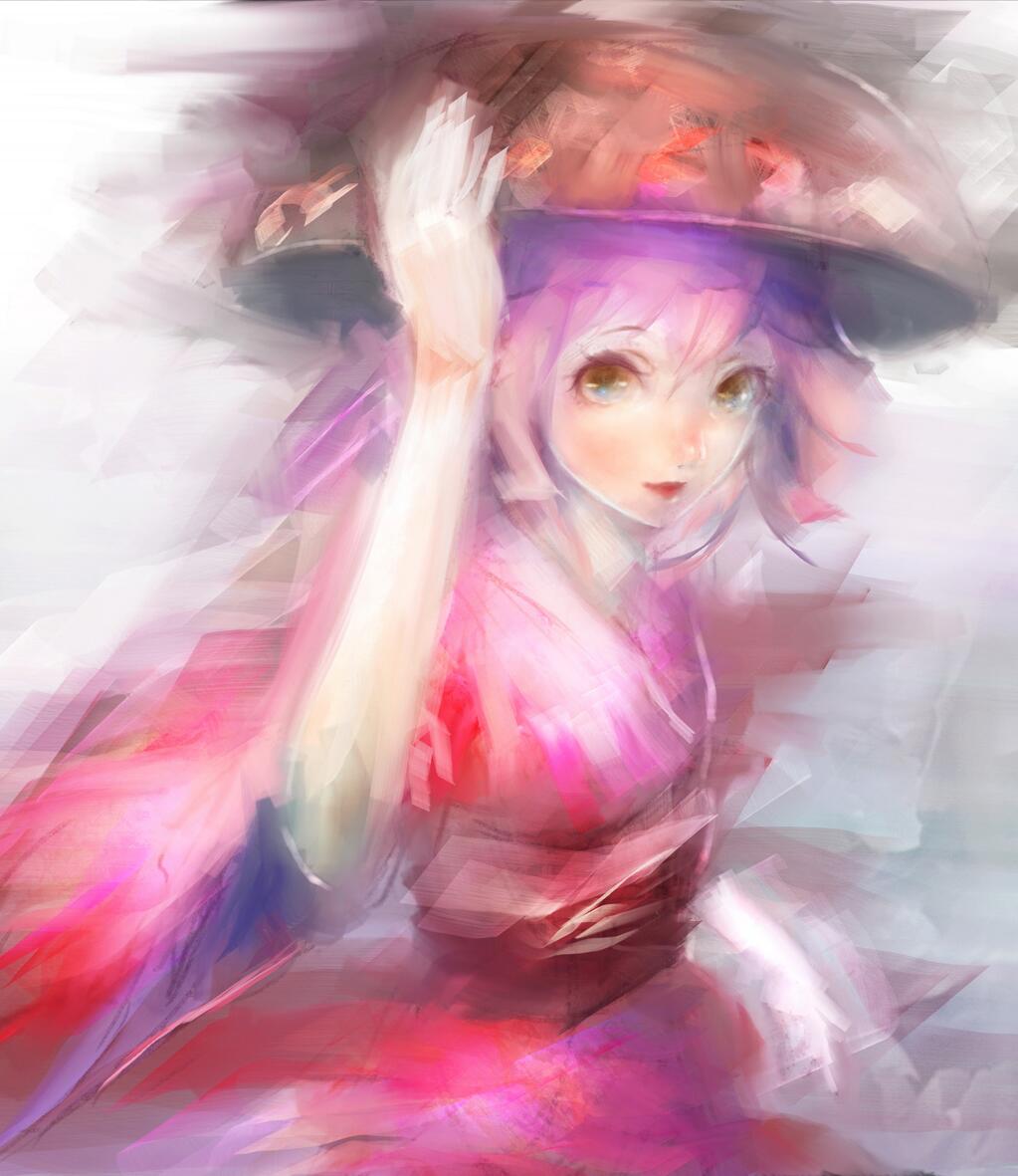 1girl, bowl, dress, hogecomhoge, japanese_clothes, kimono, lavender_hair, looking_at_viewer