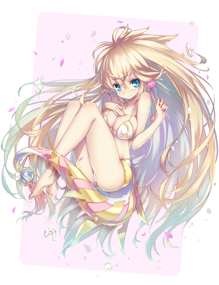 1girl, barefoot, bikini, blonde_hair, blue_eyes, blush, breasts, cleavage