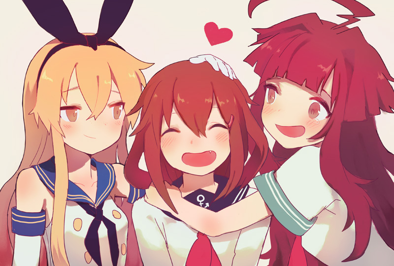 blonde_hair, brown_eyes, brown_hair, fang, gloves, hairband, heart, hug