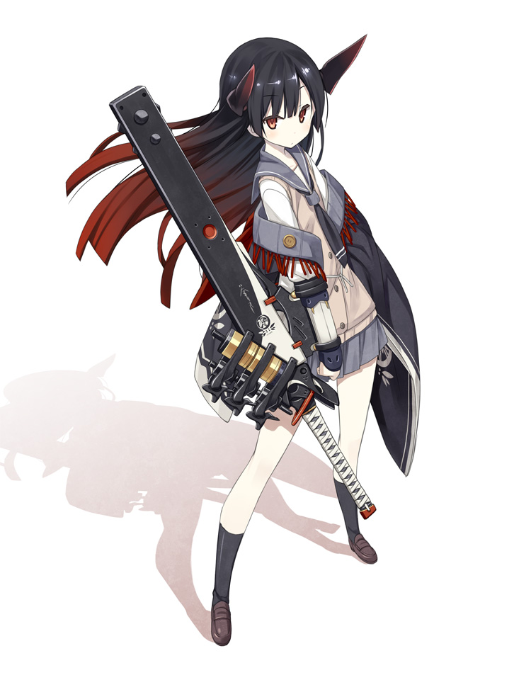 1girl, black_hair, black_legwear, club, flat_gaze, gradient_hair, horns, kanabou