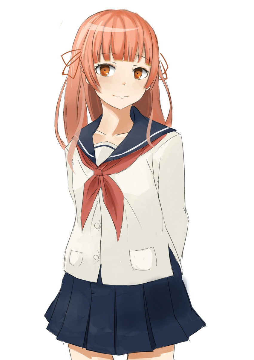 1girl, arms_behind_back, bangs, blue_skirt, blunt_bangs, brown_eyes, cowboy_shot, hair_ribbon