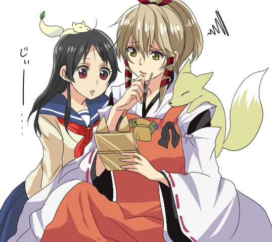 2girls, :<, animal_on_head, animal_on_shoulder, black_hair, blonde_hair, fox, friends, fushimi_inari, hair_ribbon, inari_konkon_koi_iroha., kaisen02_(kaisen_donburi), kon_(inakon), multiple_girls, nintendo_ds, red_eyes, ribbon, roro_(inakon), school_uniform, serafuku, shishi_(inakon), thinking, tress_ribbon, uka-no-mitama-no-kami_(inakon), white_background, wide_sleeves, yellow_eyes