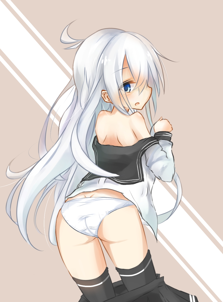 1girl, ass, bare_shoulders, blue_eyes, blush, eve_(kenzen), hibiki_(kantai_collection), highres