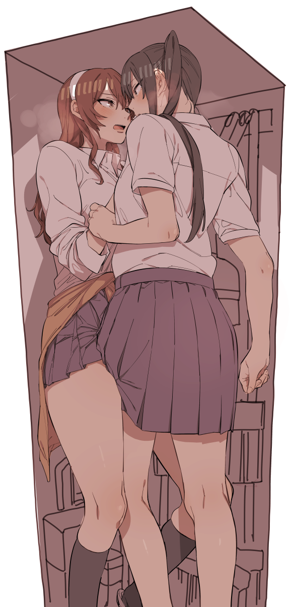 2girls, alternate_costume, ashigara_(kantai_collection), black_hair, black_legwear, blush, brown_hair, closet