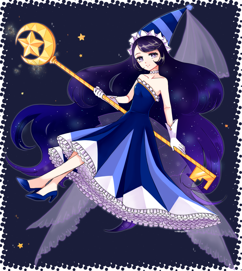 1girl, black_hair, blue_dress, choker, cookie_run, dress, full_body, gloves