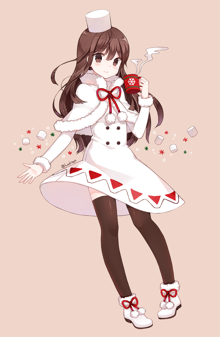 1girl, black_legwear, blush, brown_eyes, brown_hair, capelet, cocoa_cookie, cookie_run