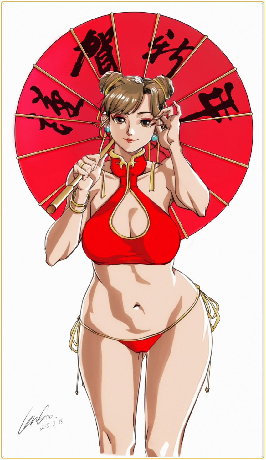 1girl, bare_shoulders, bikini, breasts, brown_eyes, brown_hair, chun-li, cleavage