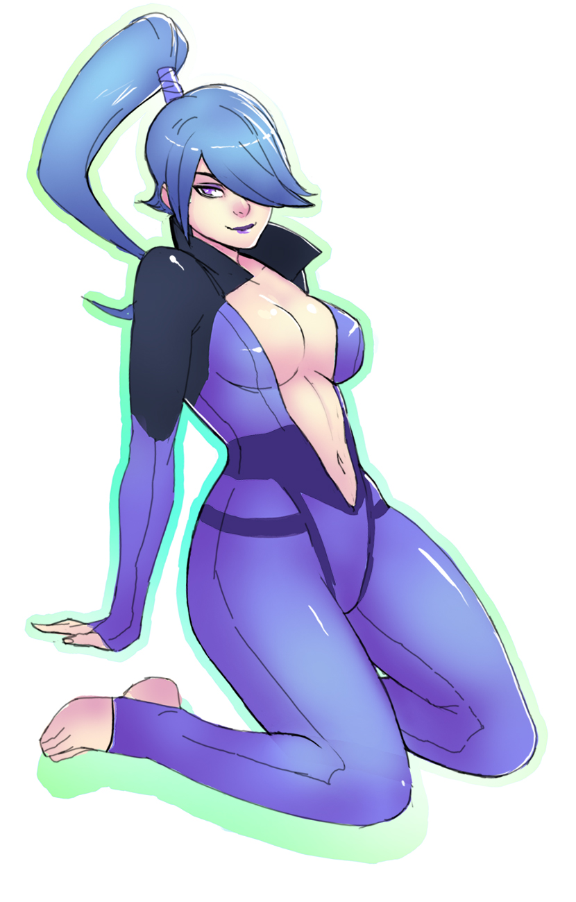 1girl, barefoot, blue_hair, bodysuit, breasts, catsuit, center_opening, defense_of_the_ancients, dota_2, eyeshadow, g138, hair_over_one_eye, high_ponytail, highres, kneeling, large_breasts, lipstick, long_hair, looking_at_viewer, luna_(dota), makeup, navel, ponytail, purple_lipstick, sideboob, solo, toeless_legwear, violet_eyes