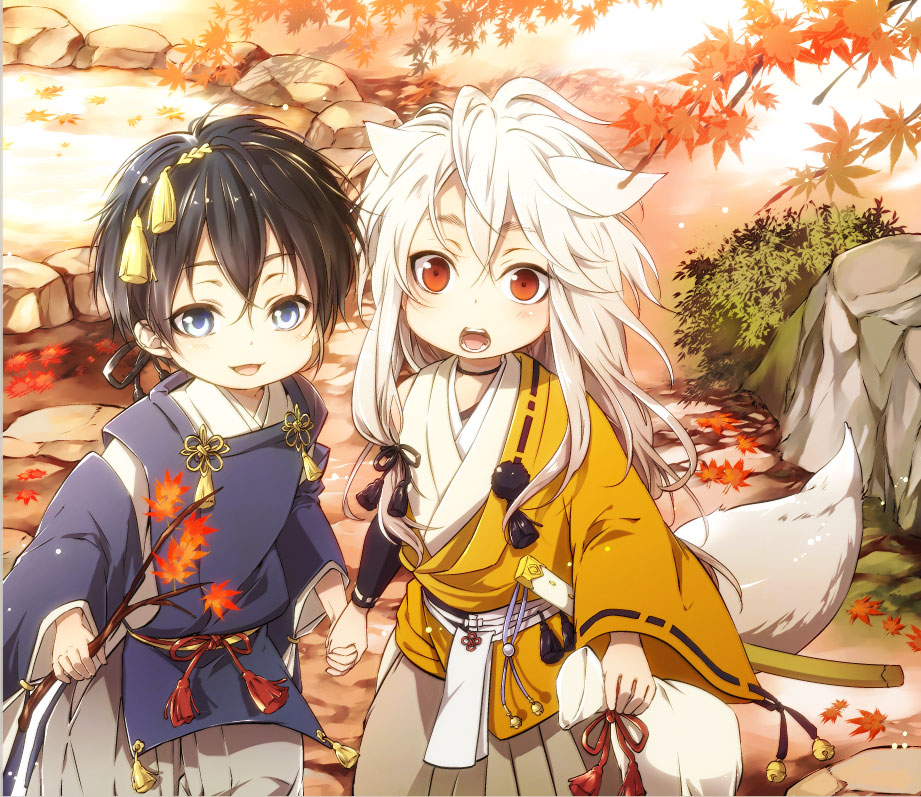 2boys, animal_ears, autumn_leaves, bag, bell, black_hair, blue_eyes, fox_ears, fox_tail, holding_hands, japanese_clothes, jingle_bell, katana, kogitsunemaru, long_hair, male_focus, mikazuki_munechika, multiple_boys, open_mouth, outdoors, red_eyes, sheath, sheathed, shibaken, short_hair, sword, tail, touken_ranbu, weapon, white_hair, younger