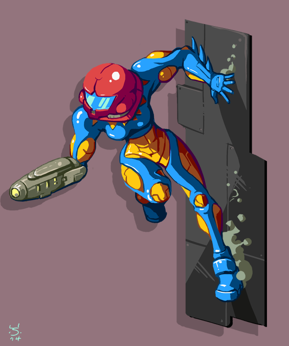 1girl, arm_cannon, bodysuit, fusion_suit, gameplay_mechanics, helmet, joakim_sandberg, metroid