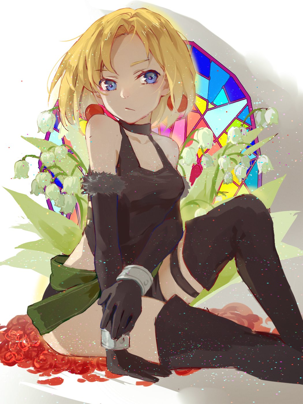 1girl, bare_shoulders, black_boots, blonde_hair, blue_eyes, boots, earrings, elbow_gloves