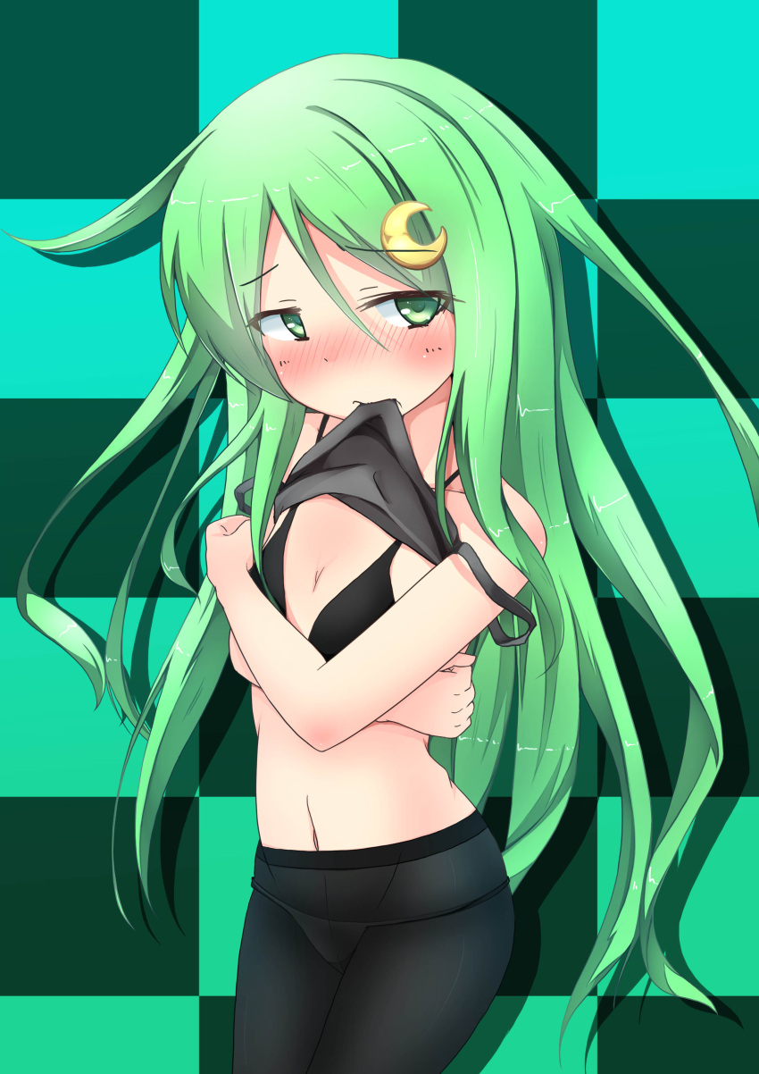1girl, absurdres, bikini, black_legwear, crescent, crescent_hair_ornament, green_eyes, green_hair
