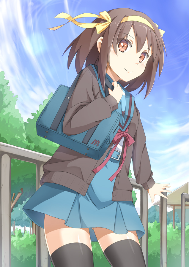1girl, bag, brown_eyes, brown_hair, hair_ribbon, hairband, okosan_(pixiv), ribbon, school_uniform, serafuku, short_hair, suzumiya_haruhi, suzumiya_haruhi_no_yuuutsu, thigh-highs