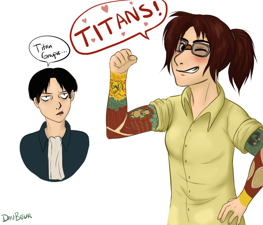 1boy, 1girl, brown_hair, crossover, glasses, hange_zoe, herman_gottlieb, levi_(shingeki_no_kyojin)