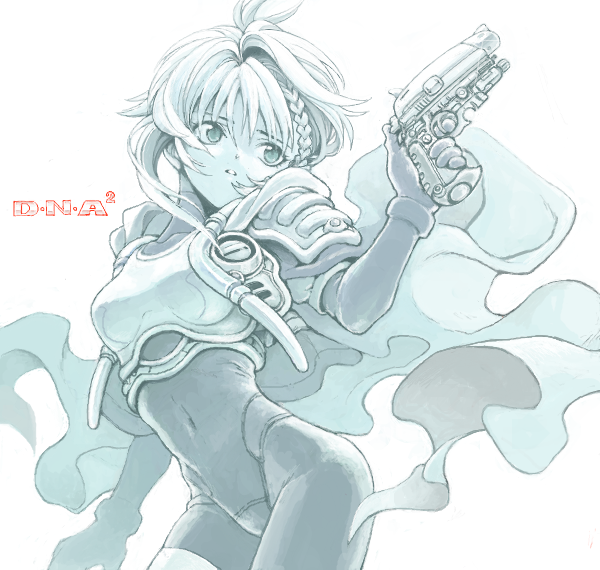 1girl, aoi_karin, armor, asymmetrical_clothes, bodysuit, braid, breastplate, cloak, copyright_name, dna^2, drawr, gloves, gun, looking_away, monochrome, science_fiction, shoulder_pads, side_braid, simple_background, skin_tight, solo, togetsuhou, weapon