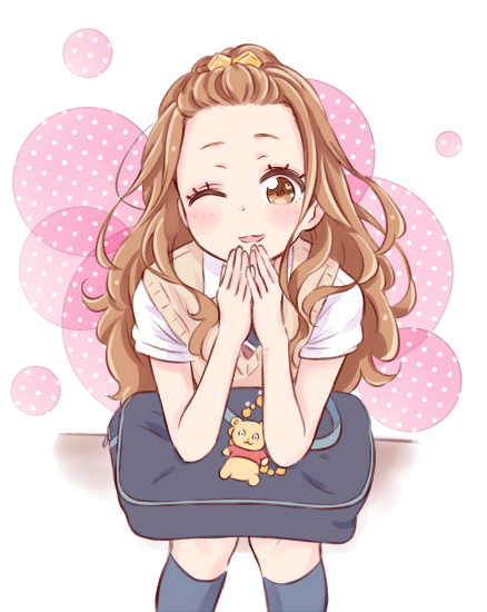 1girl, aihara_miu, bag, blue_legwear, brown_eyes, brown_hair, check_(check_book), hair_ornament
