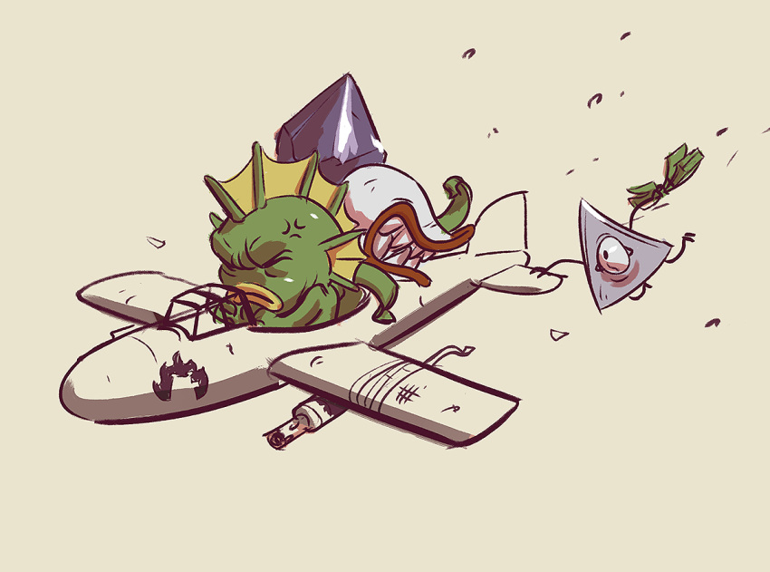 1girl, 2boys, airplane, anger_vein, bear, closed_eyes, company_connection, crystal_(nuclear_throne)