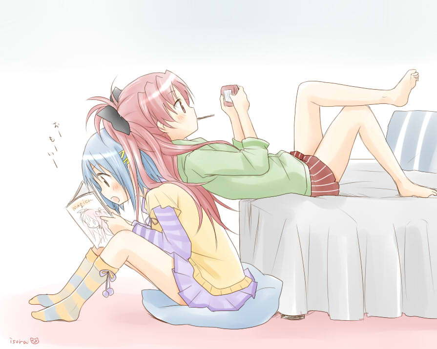 2girls, back-to-back, bare_legs, blue_eyes, blue_hair, blush, goddess_madoka, hair_ornament