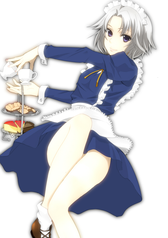 bad_id, cookie, cup, food, izayoi_sakuya, maid, purple_eyes, short_hair