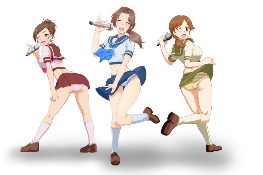 3girls, ascot, ass, blue_panties, blush, braid, brown_eyes, brown_hair