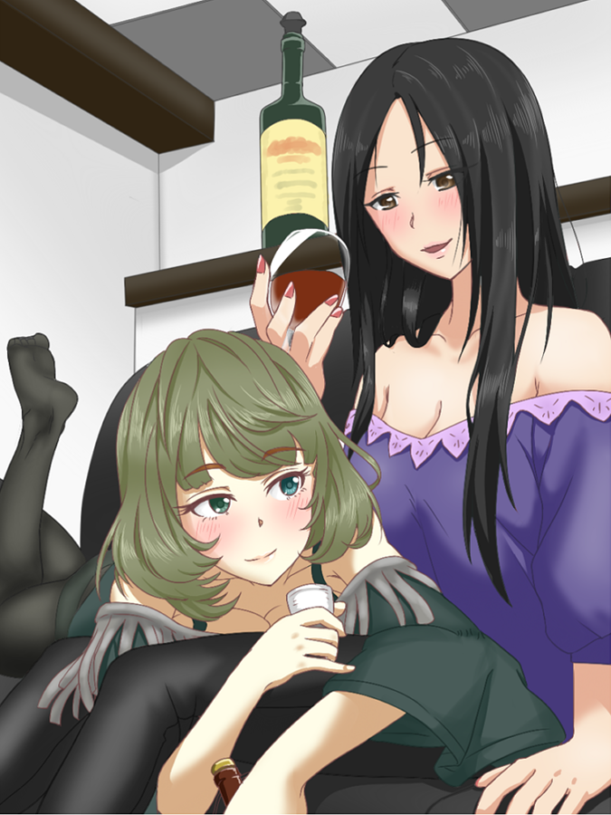 2girls, alcohol, bare_shoulders, black_hair, blue_eyes, blush, bottle, breast_press, breasts, brown_eyes, brown_hair, cleavage, cup, drunk, eye_contact, green_eyes, hakuyou-choun, heterochromia, hiiragi_shino, idolmaster, idolmaster_cinderella_girls, leg_hug, long_hair, looking_at_another, lying, mole, multiple_girls, nail_polish, on_stomach, pantyhose, short_hair, sitting, smile, takagaki_kaede, wine_bottle, wine_glass, yuri
