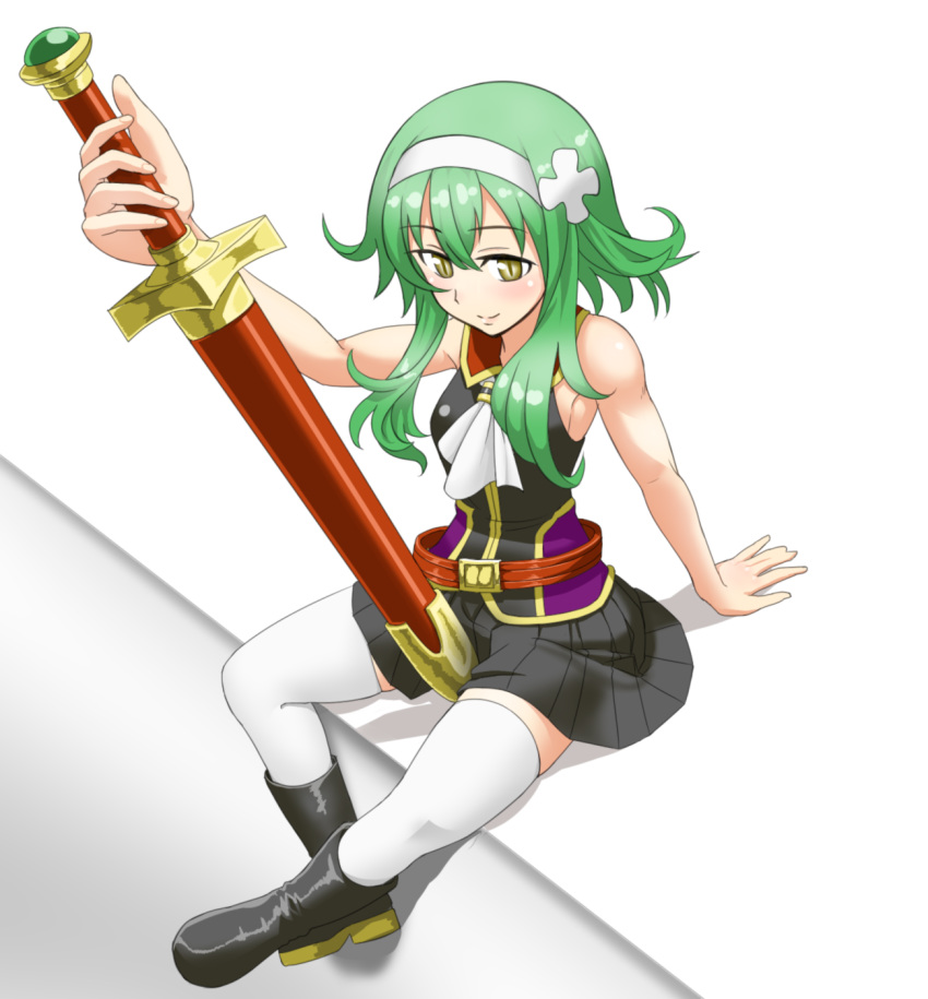 1girl, arm_support, bare_shoulders, between_legs, boots, character_request, clover, copyright_request
